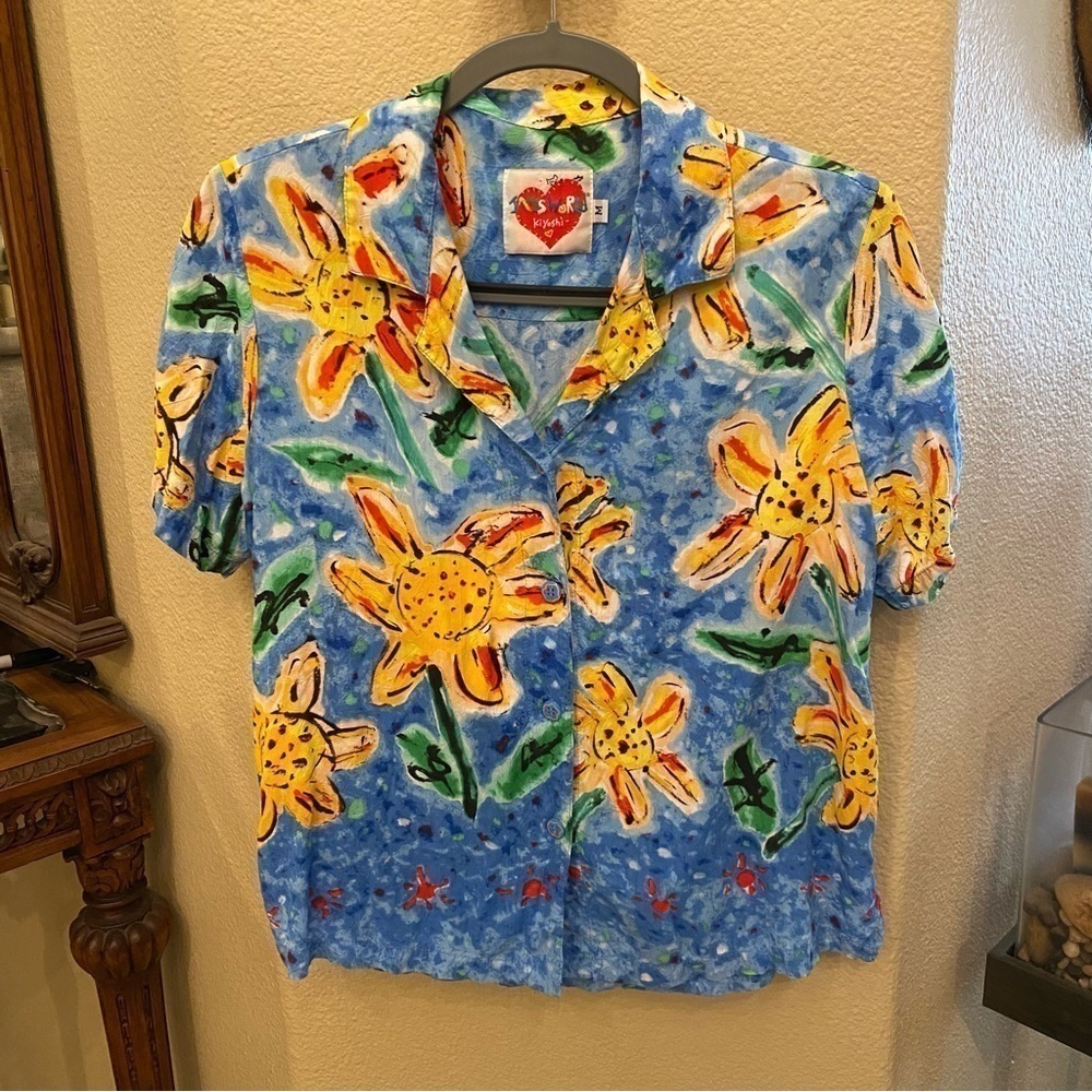 Vintage JAMS WORLD Women Floral Sunflower Button Short Sleeve Top Size Medium